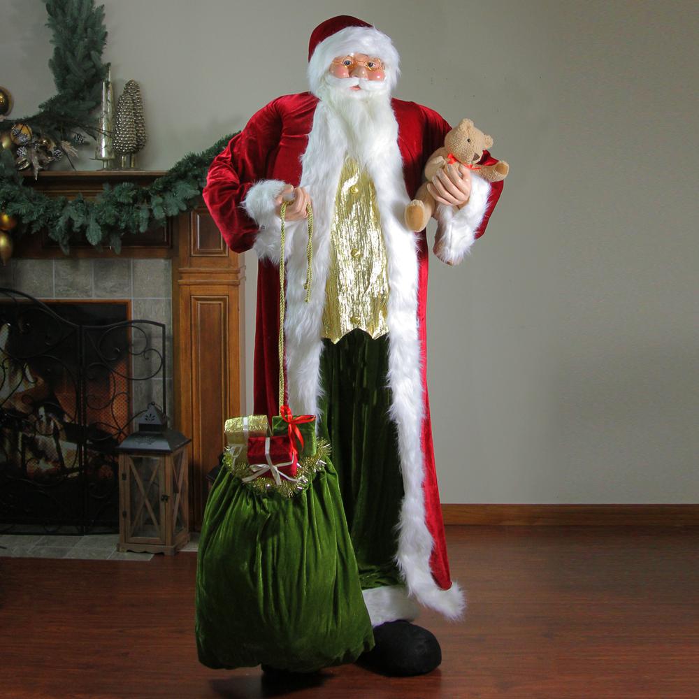 6' Standing Plush Christmas Santa Claus Figure with Teddy Bear and Gift Bag. Picture 3