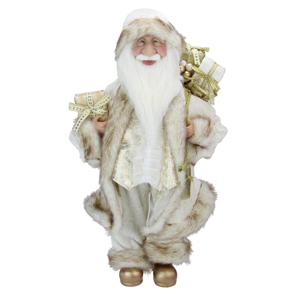 18" Ivory and Gold Santa Claus with Gift Bag Christmas Figure. Picture 1