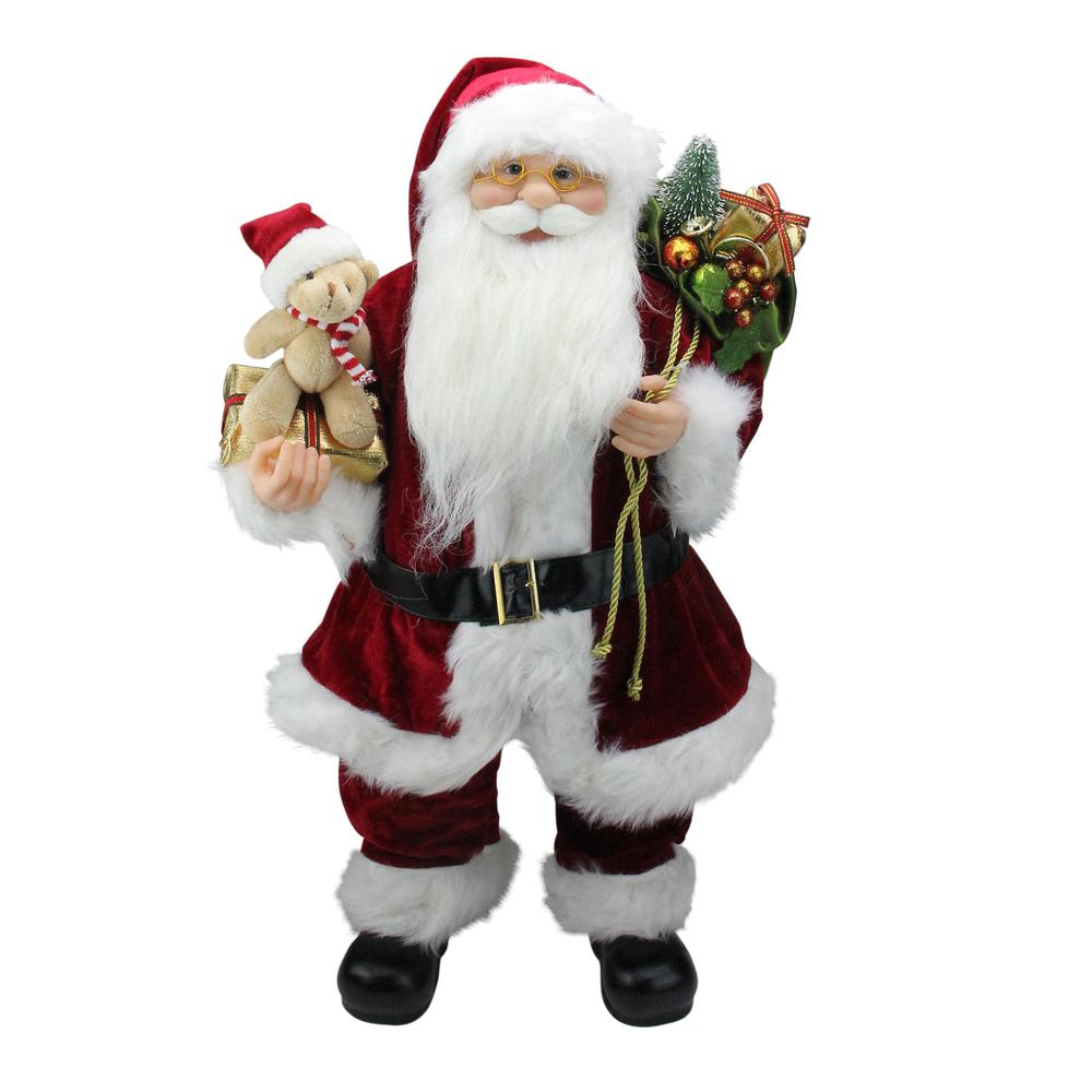 24" Traditional Standing Santa Claus Christmas Figure with Teddy Bear and Gift Bag. Picture 1