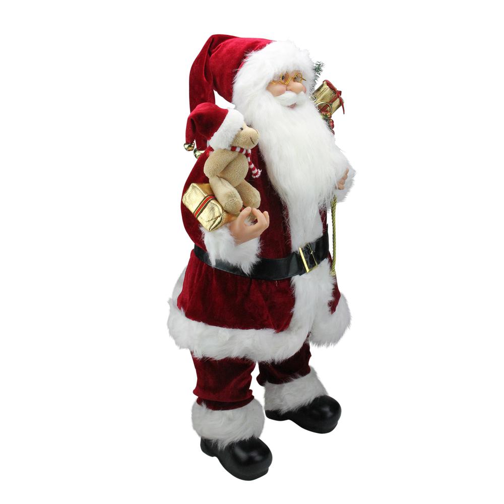 24" Traditional Standing Santa Claus Christmas Figure with Teddy Bear and Gift Bag. Picture 2