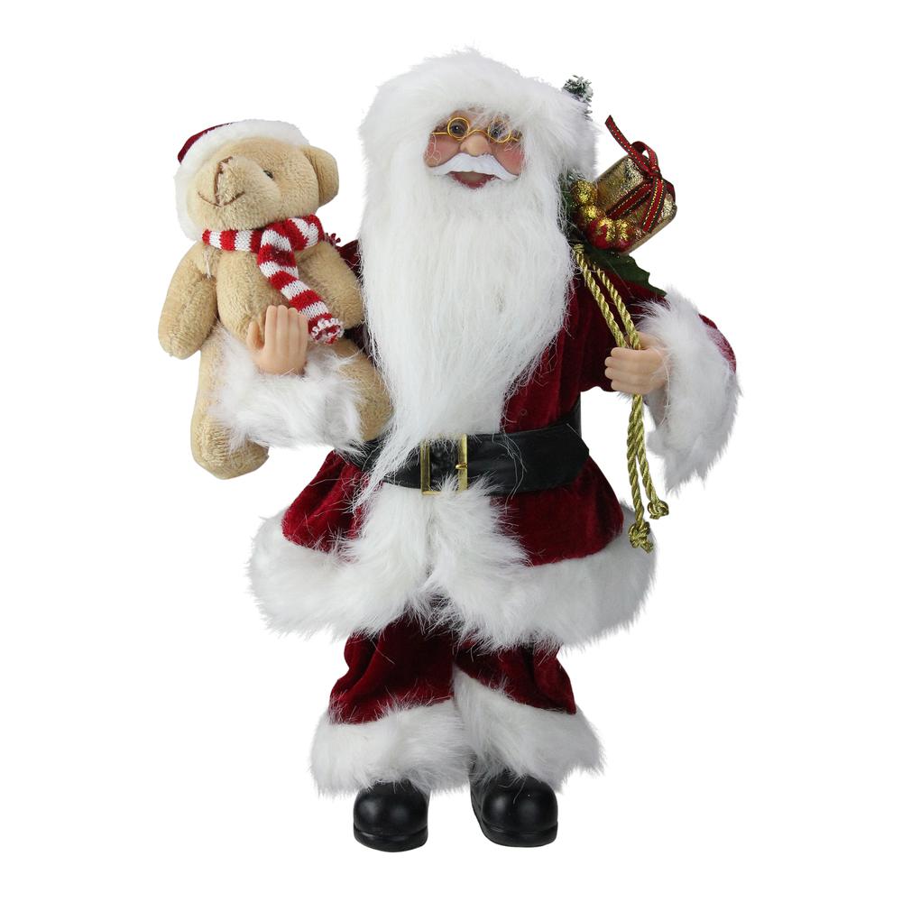 12" Traditional Santa Claus Christmas Figure with Teddy Bear and Gift Bag. Picture 1