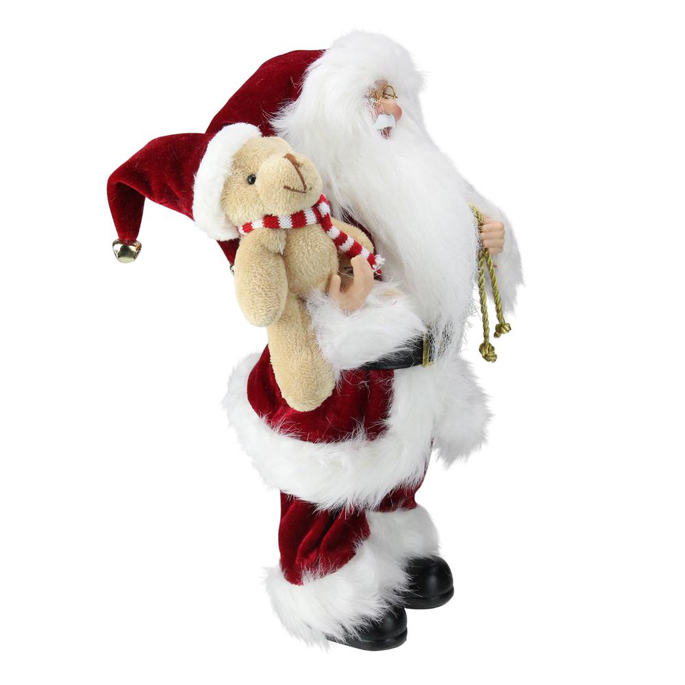 12" Traditional Santa Claus Christmas Figure with Teddy Bear and Gift Bag. Picture 2