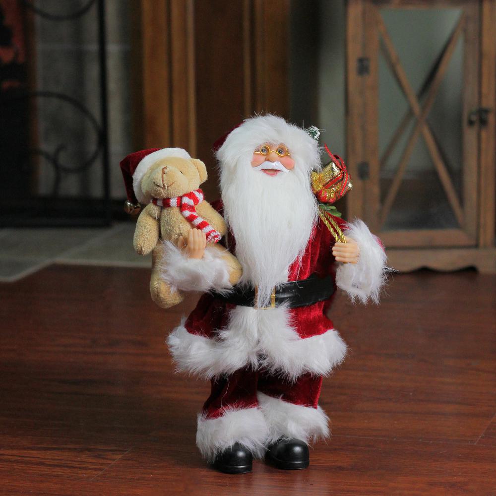 12" Traditional Santa Claus Christmas Figure with Teddy Bear and Gift Bag. Picture 3