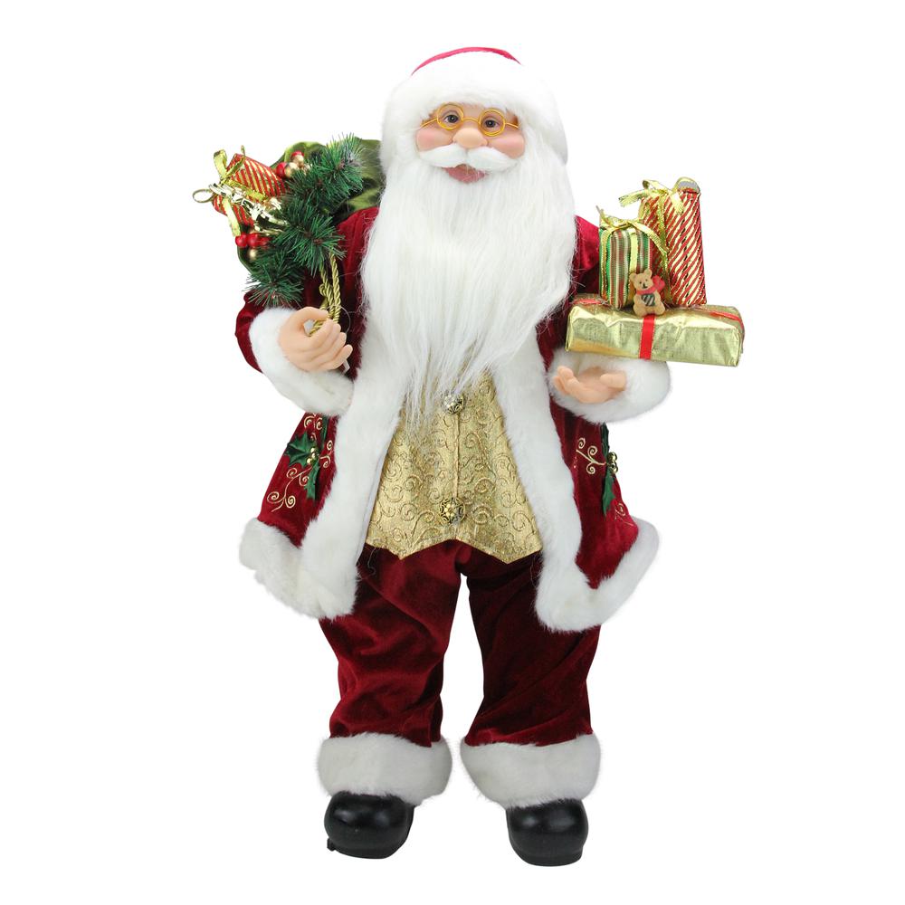 24" Red Holly Berry Standing Santa Claus with Presents and Gift Bag Christmas Figurine. Picture 1