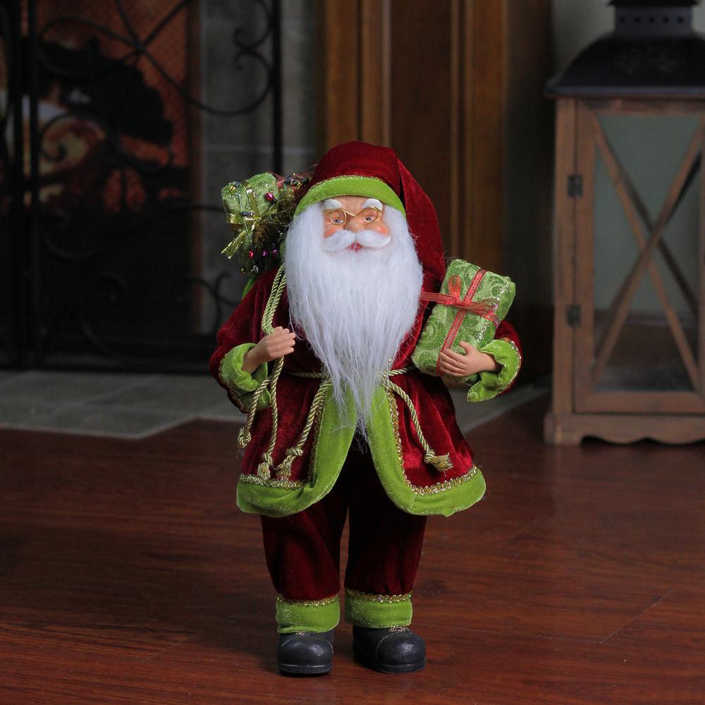 16" Red and Green Standing Santa Claus with Gift Bag Christmas Figurine. Picture 3
