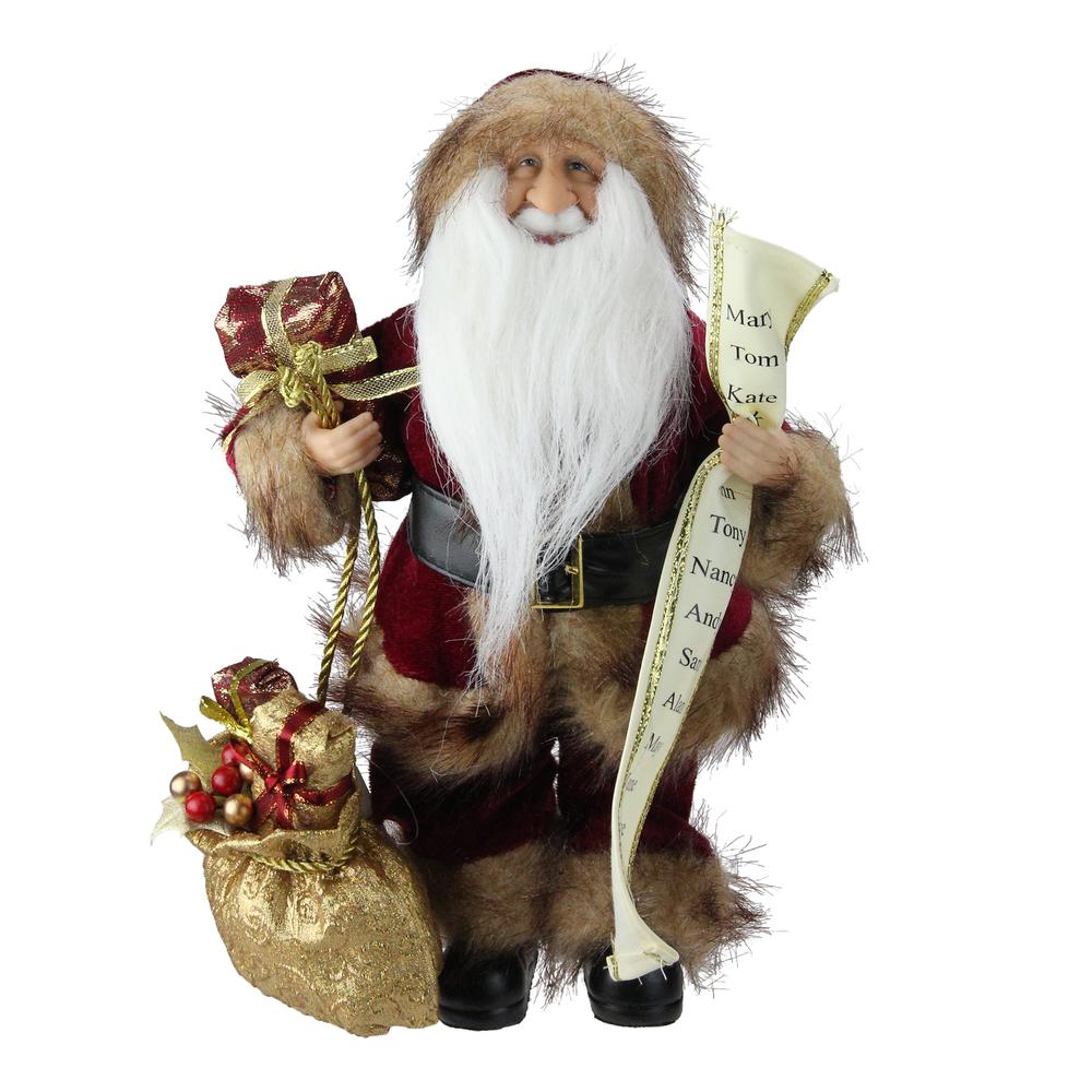 12" Red and White Woodland Standing Santa Claus with Gift Bag Christmas Figure. Picture 1