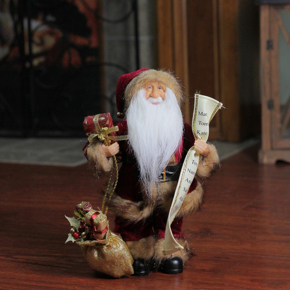 12" Red and White Woodland Standing Santa Claus with Gift Bag Christmas Figure. Picture 3