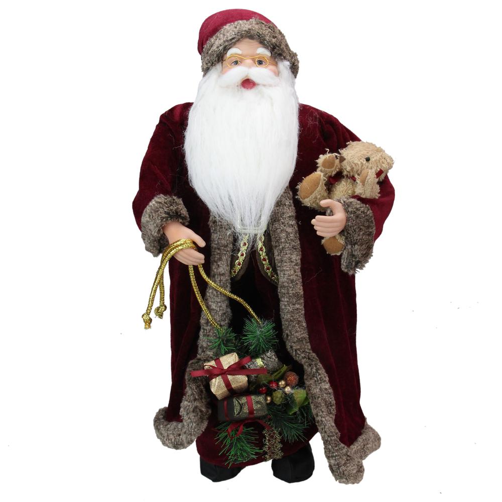 24" Burgundy Santa Claus with Teddy Bear Christmas Figure. Picture 1