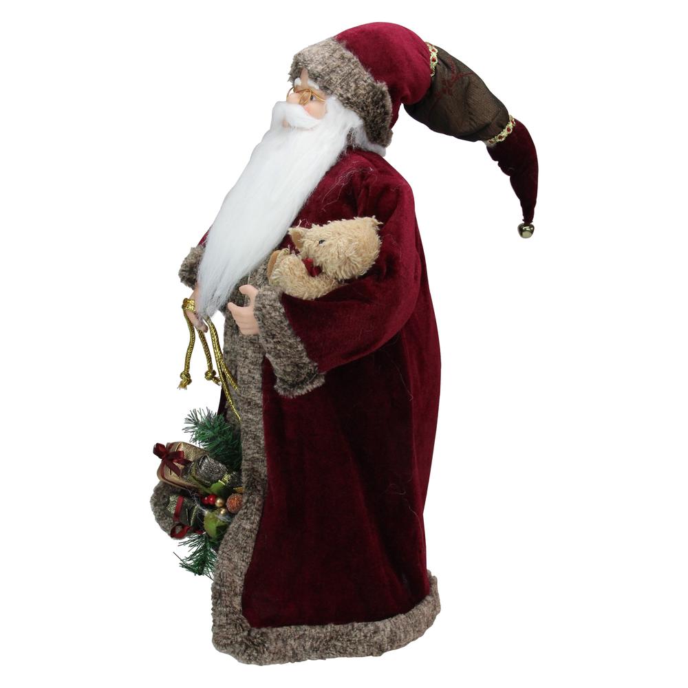 24" Burgundy Santa Claus with Teddy Bear Christmas Figure. Picture 3