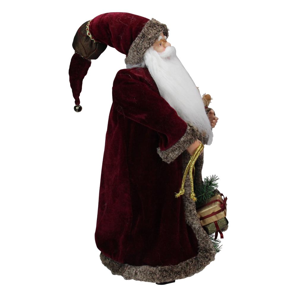 24" Burgundy Santa Claus with Teddy Bear Christmas Figure. Picture 5
