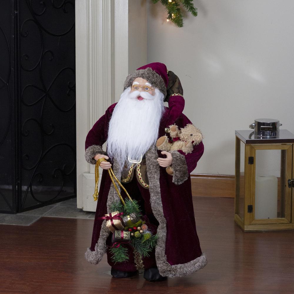 24" Burgundy Santa Claus with Teddy Bear Christmas Figure. Picture 2