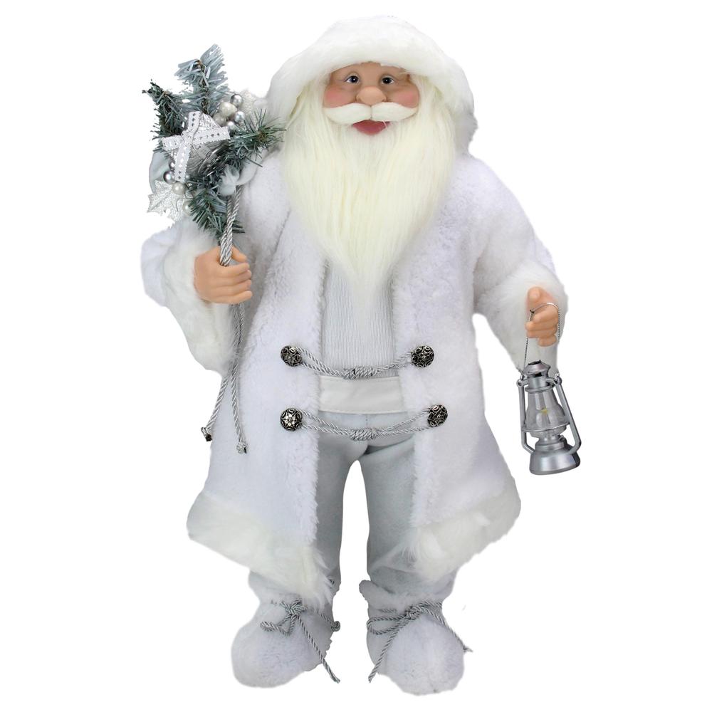 24" White Silver Santa Claus with Lantern Christmas Figure. Picture 1