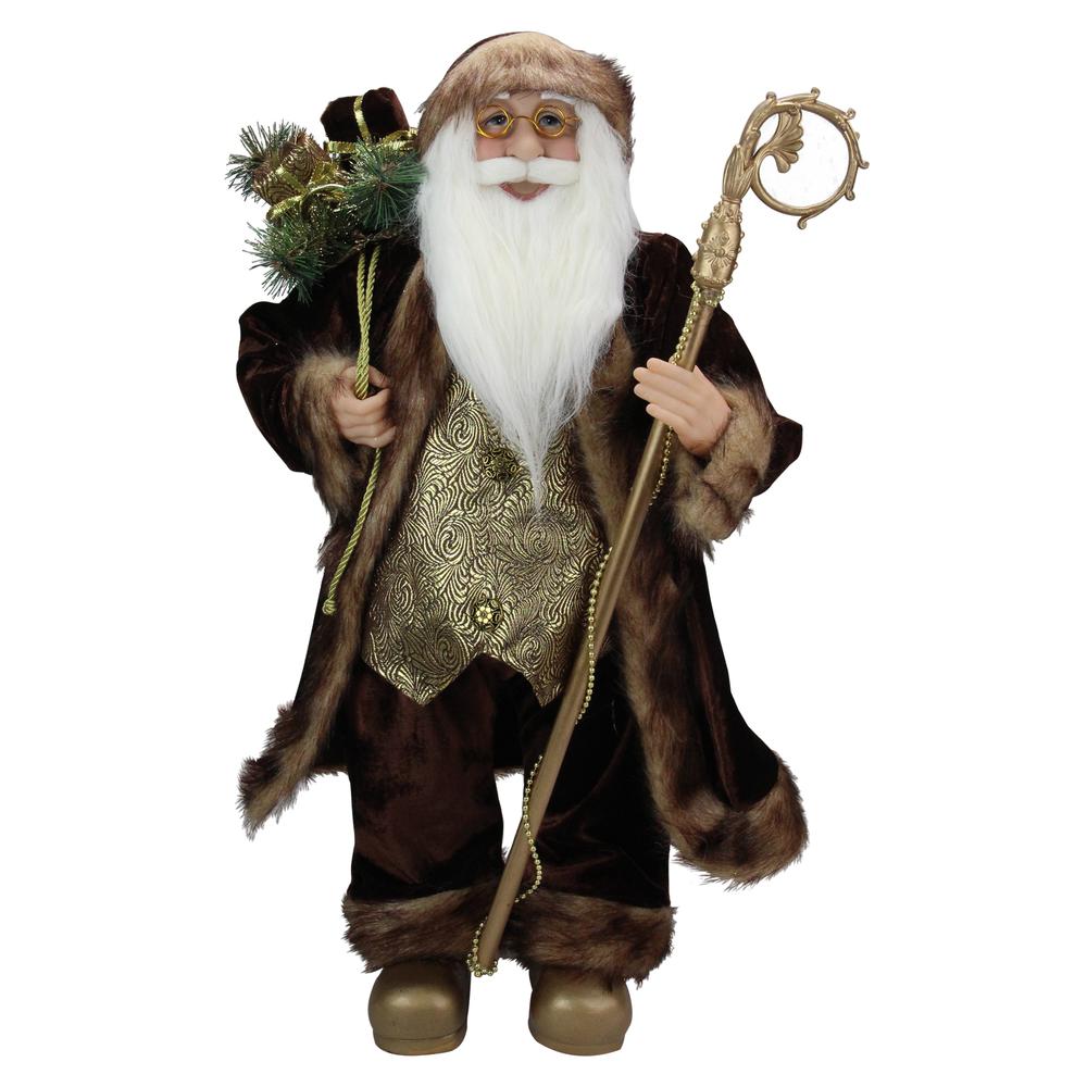 24" Gold and Brown Standing Santa Claus Christmas Figurine with Staff. Picture 1