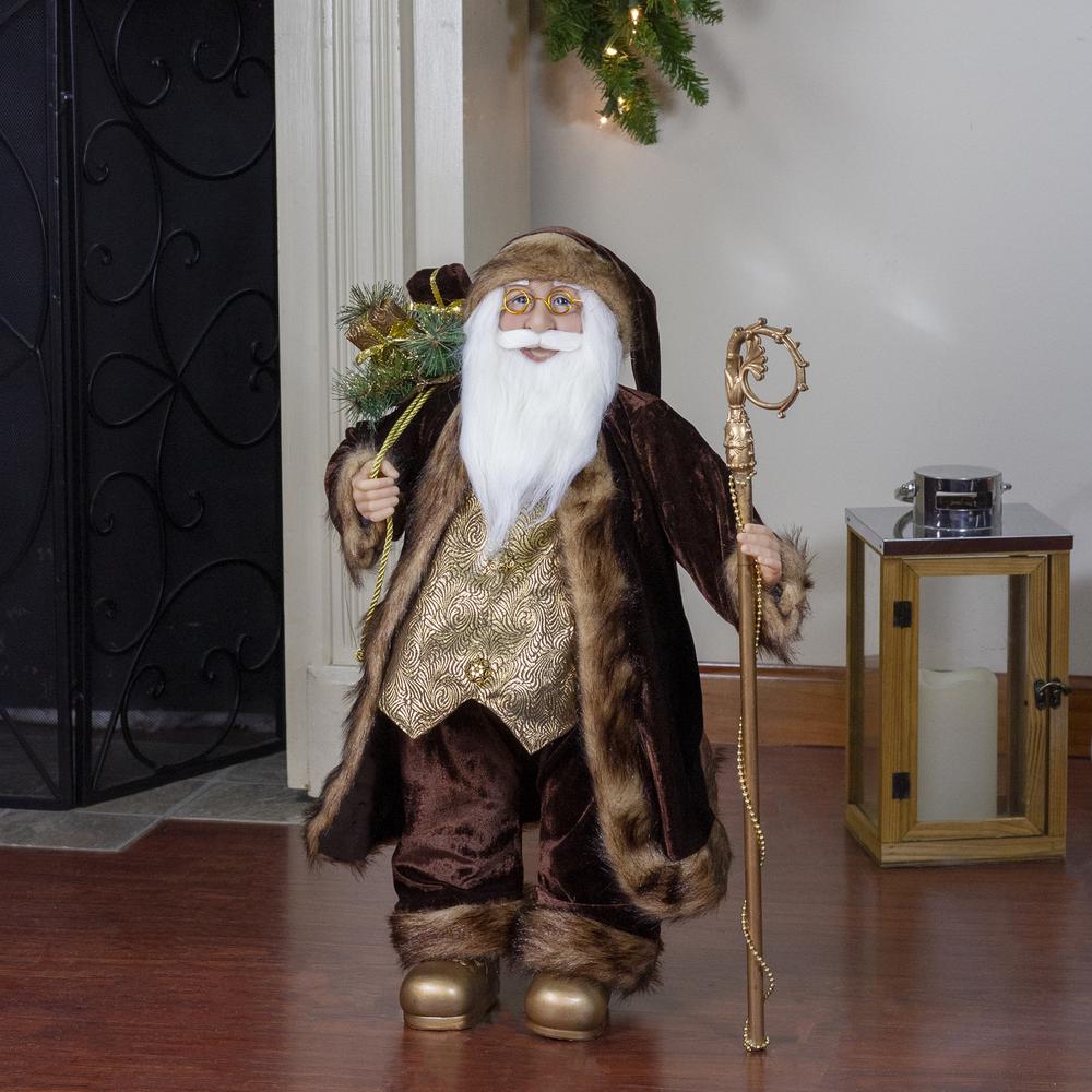 24" Gold and Brown Standing Santa Claus Christmas Figurine with Staff. Picture 2