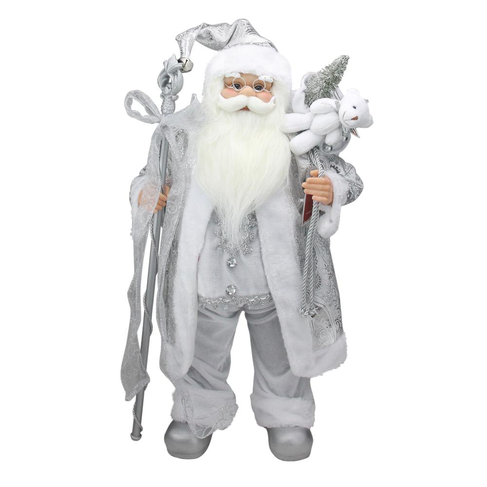 24" Silver and White Santa Claus with Staff and Gift Bag Christmas Figure. Picture 1