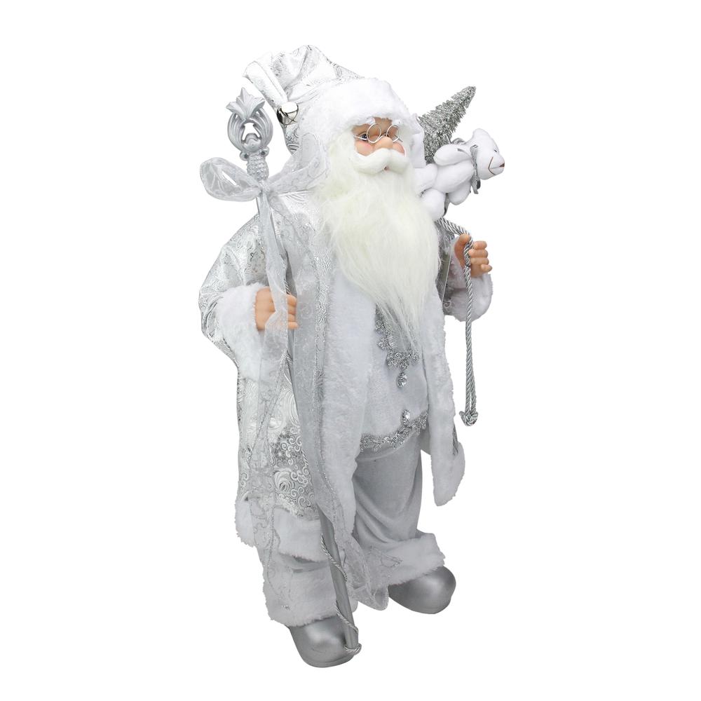 24" Silver and White Santa Claus with Staff and Gift Bag Christmas Figure. Picture 2