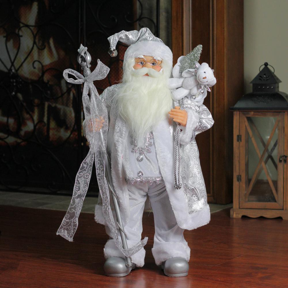 24" Silver and White Santa Claus with Staff and Gift Bag Christmas Figure. Picture 3