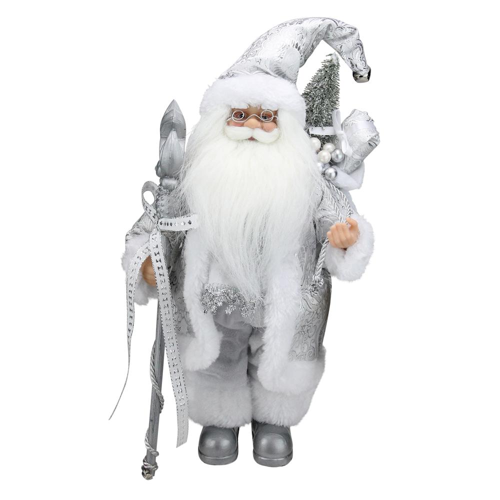 12" White and Silver Santa Claus with Staff and Gift Bag Christmas Figure. Picture 1