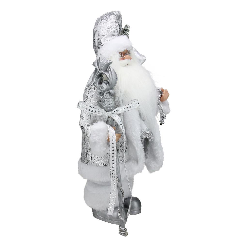 12" White and Silver Santa Claus with Staff and Gift Bag Christmas Figure. Picture 2
