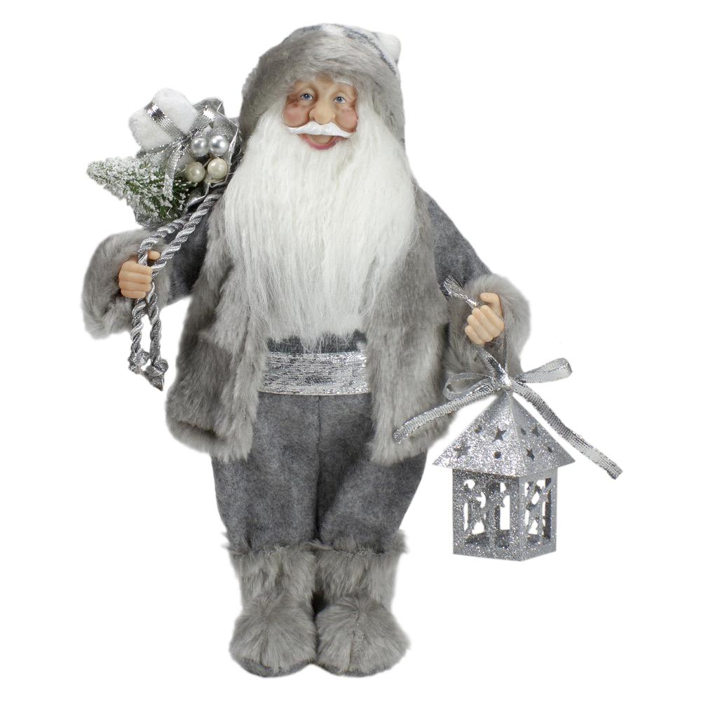 12" Gray and White Standing Santa Claus Christmas Figurine with Bag and Lantern. Picture 1