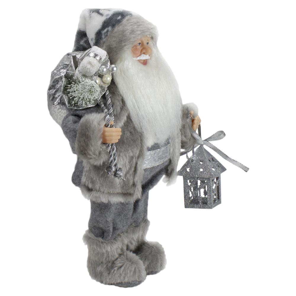 12" Gray and White Standing Santa Claus Christmas Figurine with Bag and Lantern. Picture 4