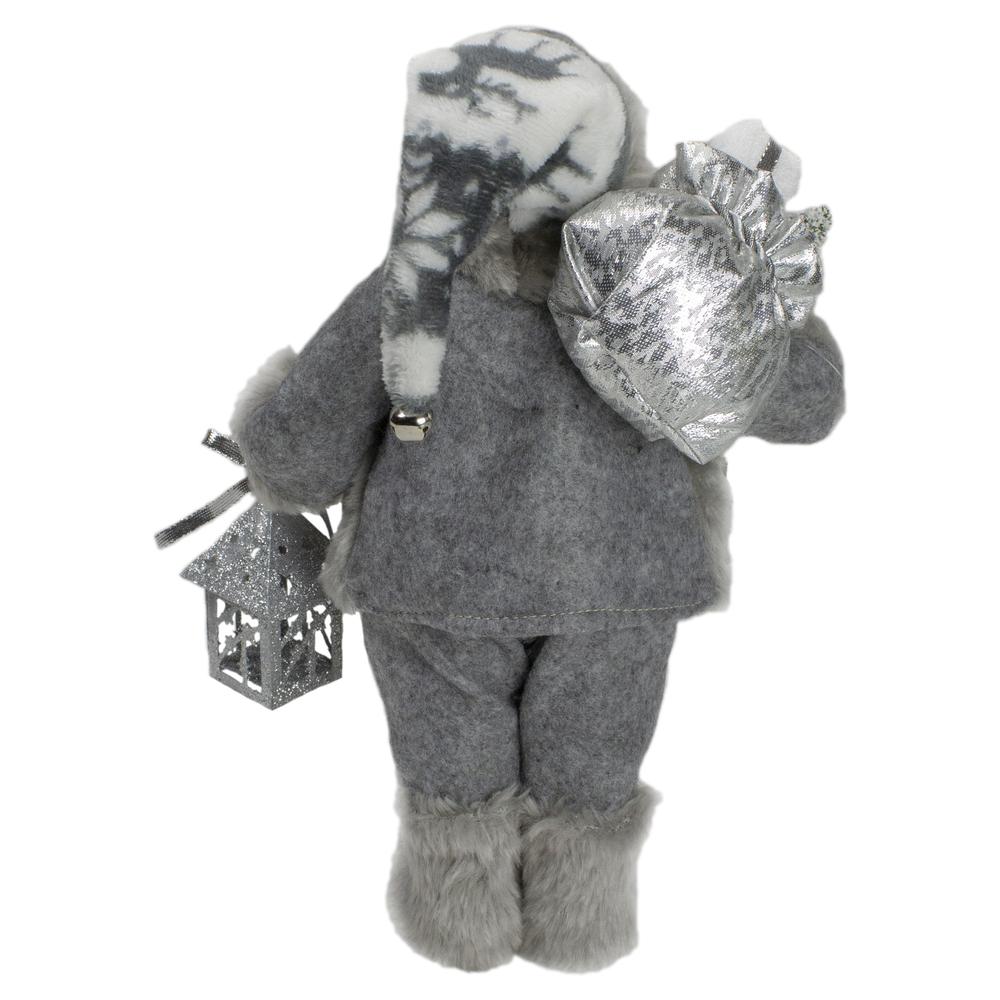 12" Gray and White Standing Santa Claus Christmas Figurine with Bag and Lantern. Picture 5