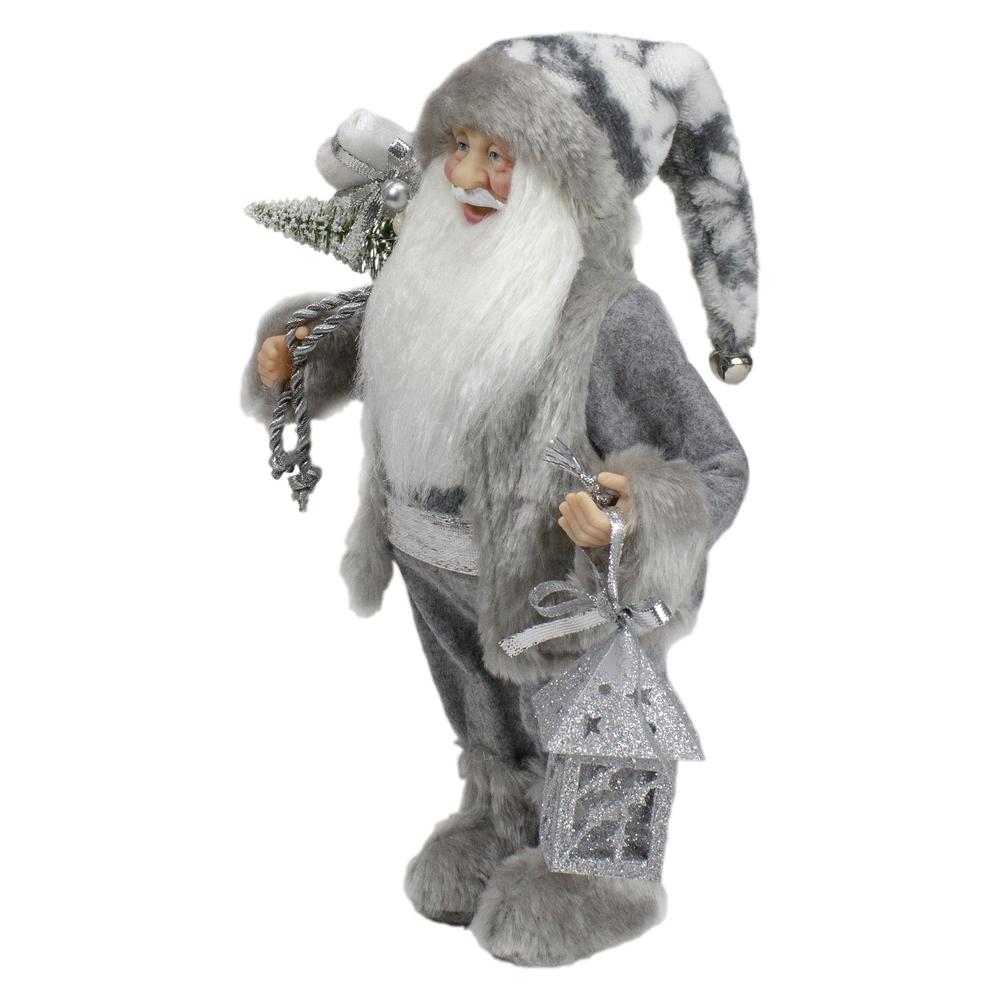 12" Gray and White Standing Santa Claus Christmas Figurine with Bag and Lantern. Picture 3