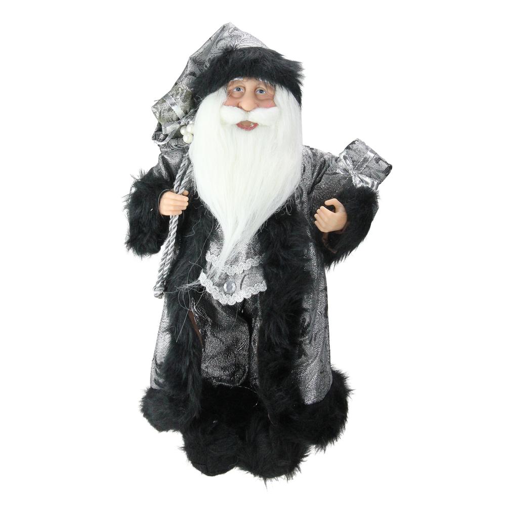 16" Silver and Black Standing Santa Claus Christmas Figurine with Gifts. Picture 1