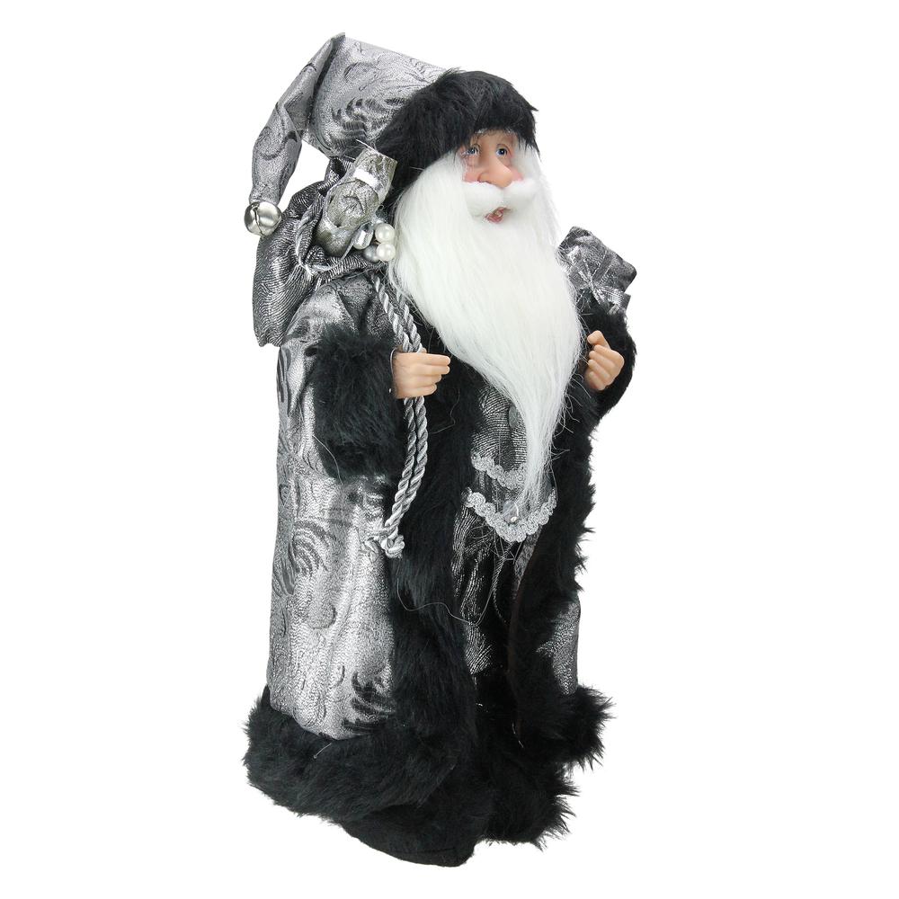 16" Silver and Black Standing Santa Claus Christmas Figurine with Gifts. Picture 2