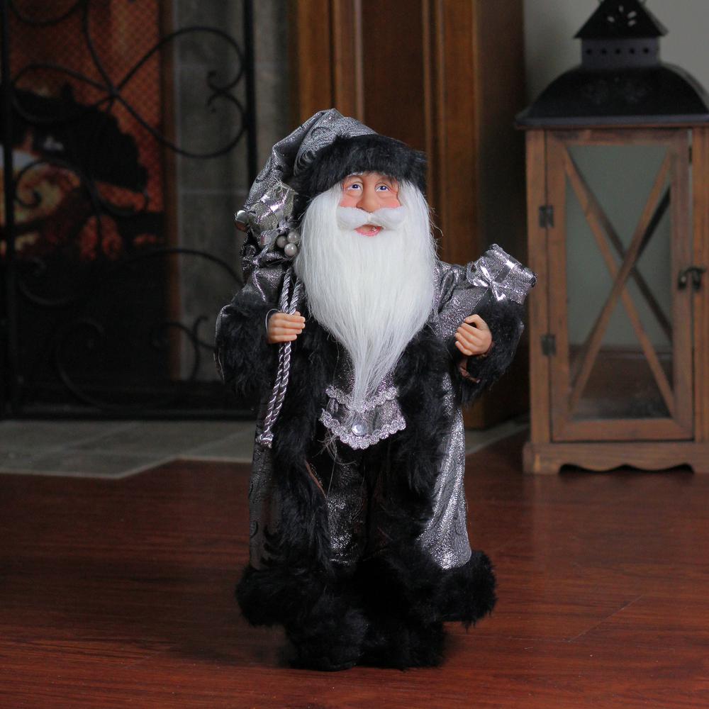 16" Silver and Black Standing Santa Claus Christmas Figurine with Gifts. Picture 3