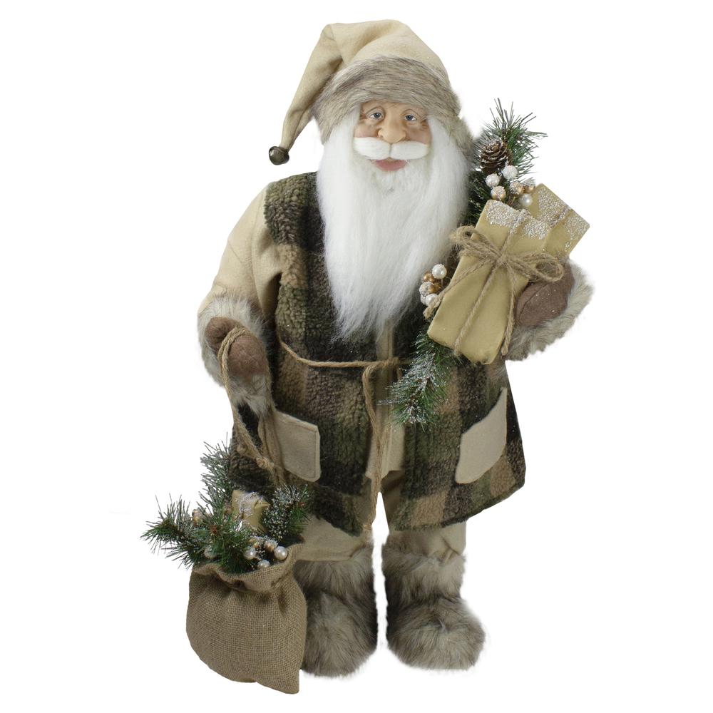 24" Brown Standing Santa Claus in Plaid Suit with Gifts Christmas Figurine. Picture 1