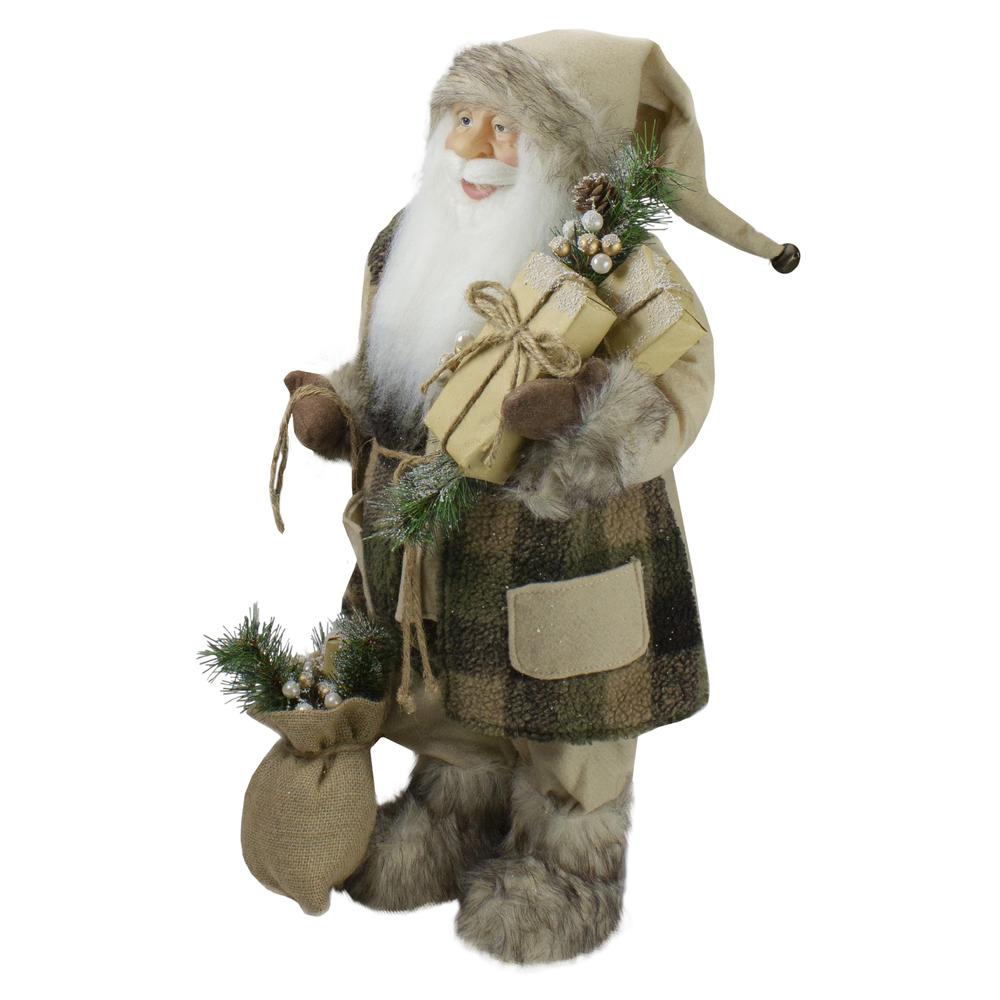 24" Brown Standing Santa Claus in Plaid Suit with Gifts Christmas Figurine. Picture 4
