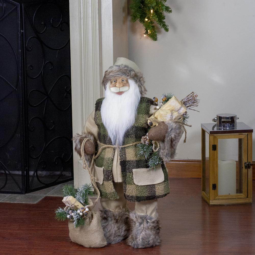 24" Brown Standing Santa Claus in Plaid Suit with Gifts Christmas Figurine. Picture 2