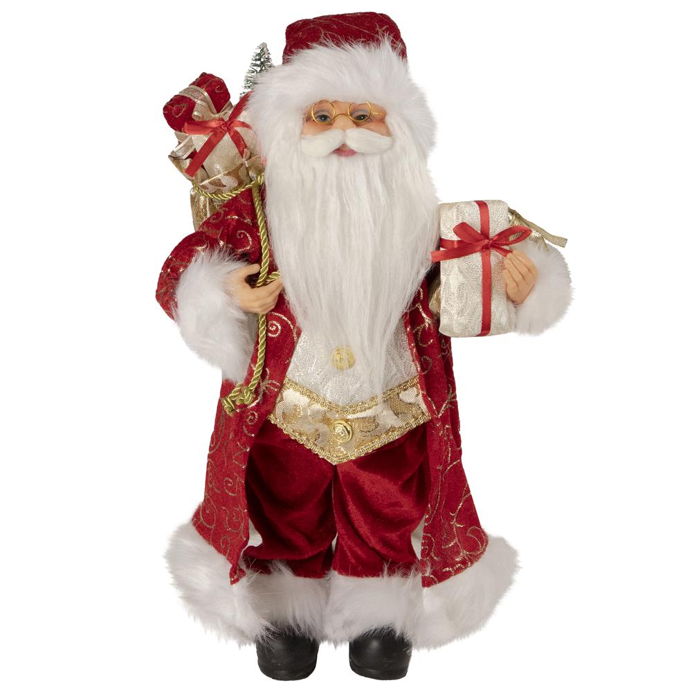 16" Red and Gold Filigree Santa Claus with Gifts Christmas Figurine. Picture 1