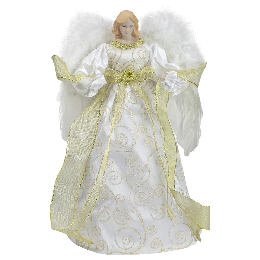 14" Lighted White and Gold Angel in a Dress Christmas Tree Topper - Warm White Lights. Picture 1