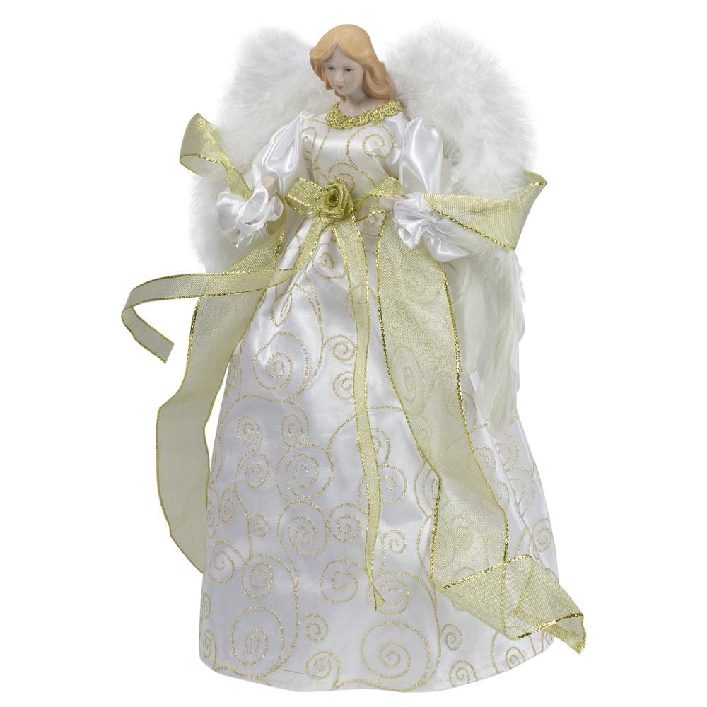 14" Lighted White and Gold Angel in a Dress Christmas Tree Topper - Warm White Lights. Picture 4