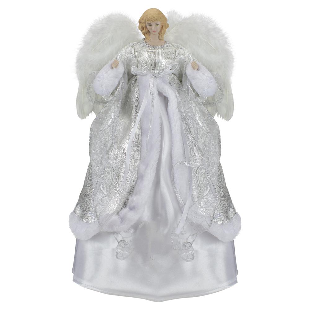 18" Blonde Angel in White and Sliver Dress with Faux Fur Trim Christmas Tree Topper. Picture 1