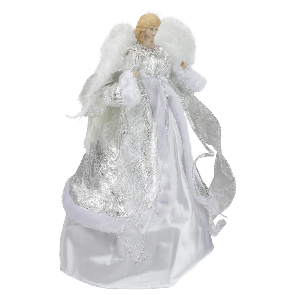 18" Blonde Angel in White and Sliver Dress with Faux Fur Trim Christmas Tree Topper. Picture 3