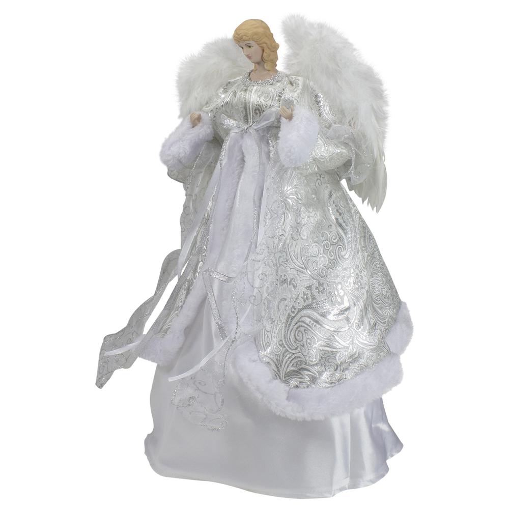 18" Blonde Angel in White and Sliver Dress with Faux Fur Trim Christmas Tree Topper. Picture 4