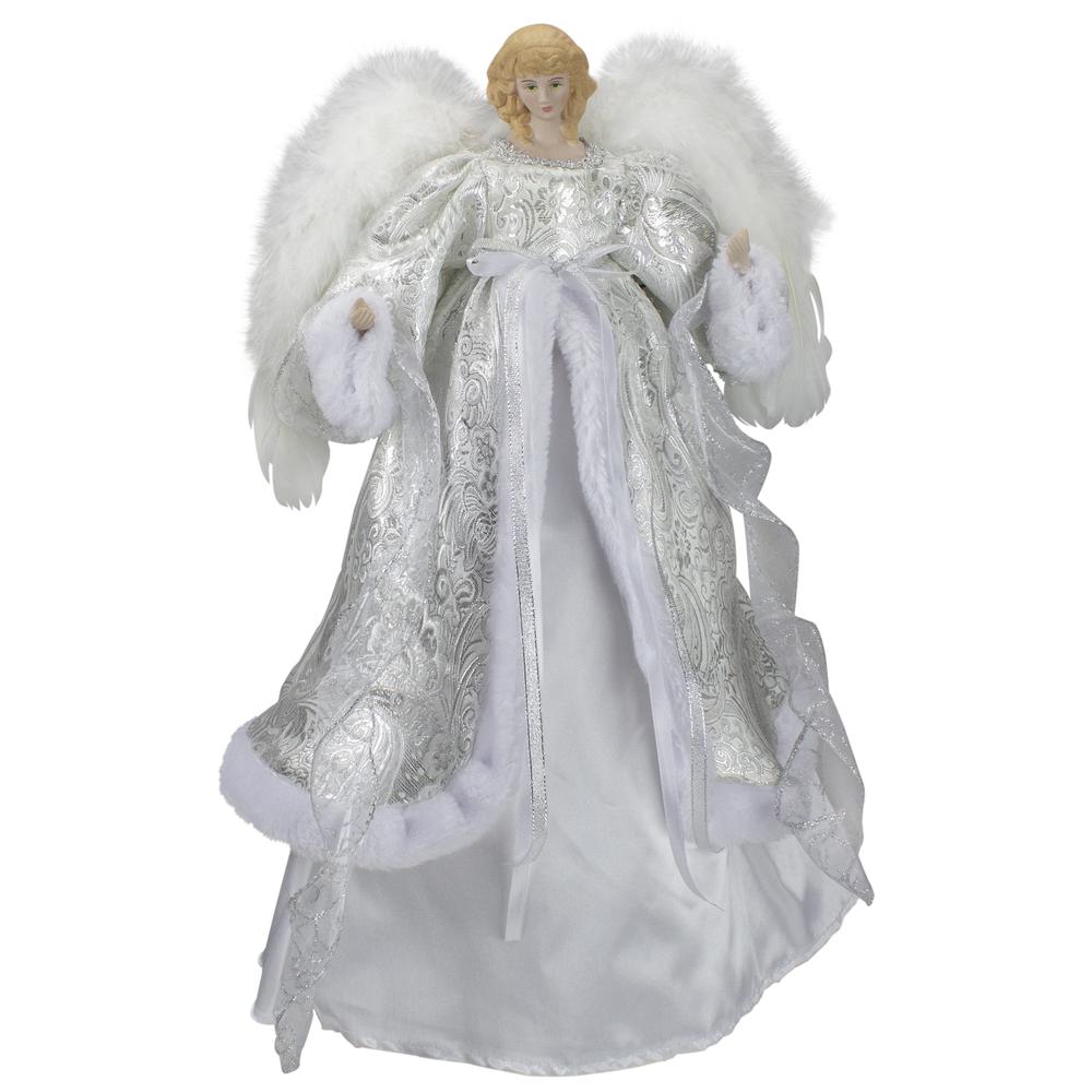 18" Lighted White and Silver Angel in a Dress Christmas Tree Topper - Warm White Lights. Picture 1