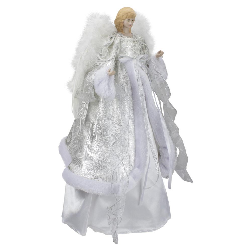18" Lighted White and Silver Angel in a Dress Christmas Tree Topper - Warm White Lights. Picture 4
