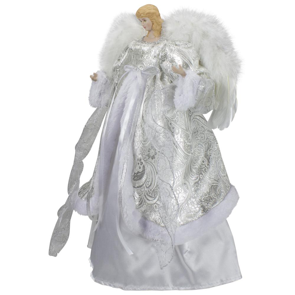 18" Lighted White and Silver Angel in a Dress Christmas Tree Topper - Warm White Lights. Picture 3