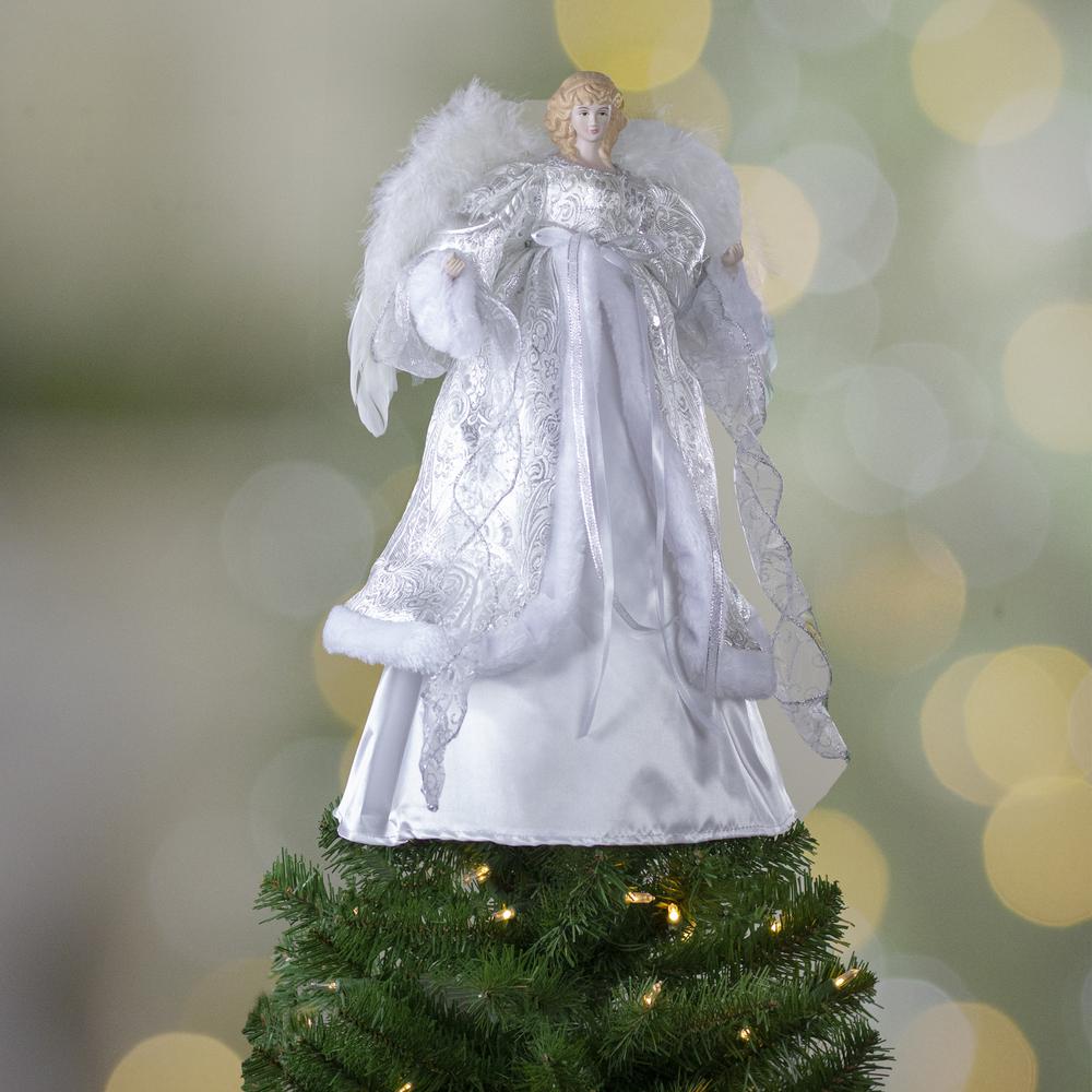 18" Lighted White and Silver Angel in a Dress Christmas Tree Topper - Warm White Lights. Picture 2