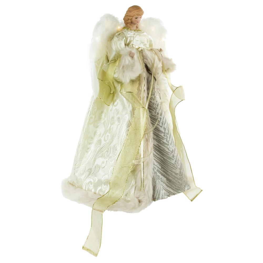 18" White and Gold Angel in a Dress Christmas Tree Topper - Warm White Lights. Picture 2