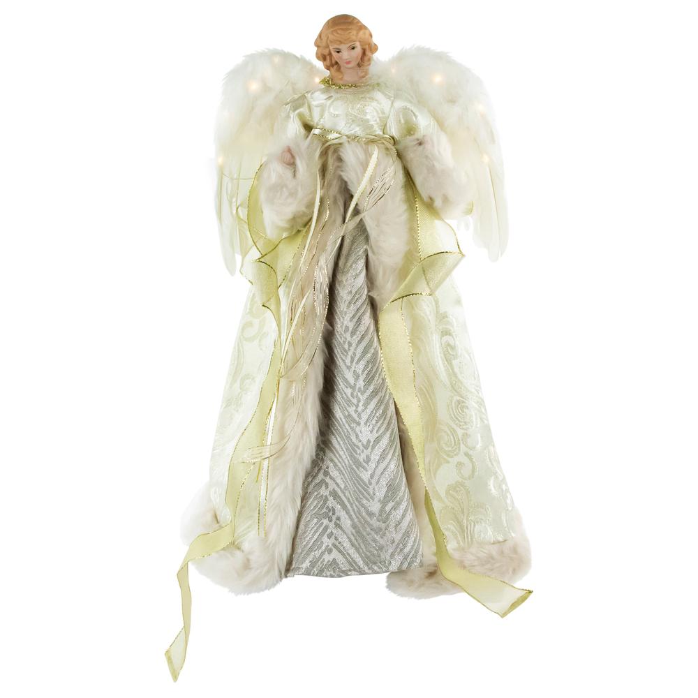 18" White and Gold Angel in a Dress Christmas Tree Topper - Warm White Lights. Picture 1