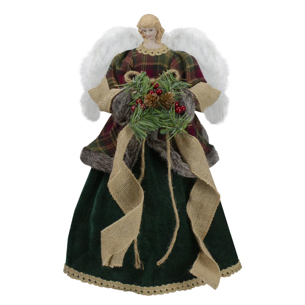 18" Red and Green Angel in a Dress Christmas Tree Topper Accented with Holly Berries - Unlit. Picture 1