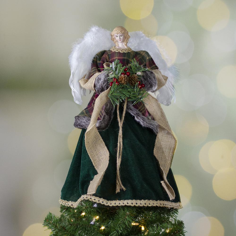 18" Red and Green Angel in a Dress Christmas Tree Topper Accented with Holly Berries - Unlit. Picture 2