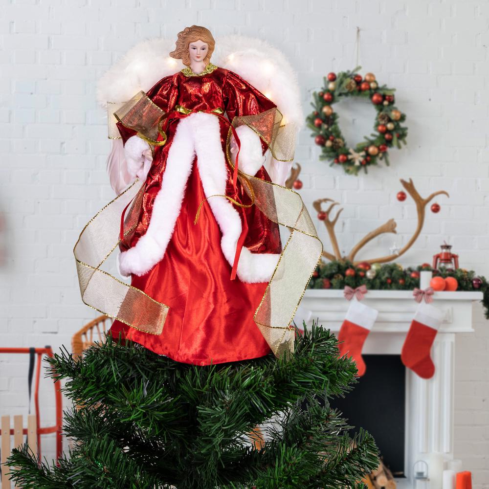 14" Red and White Angel with Lighted Wings Christmas Tree Topper. Picture 2