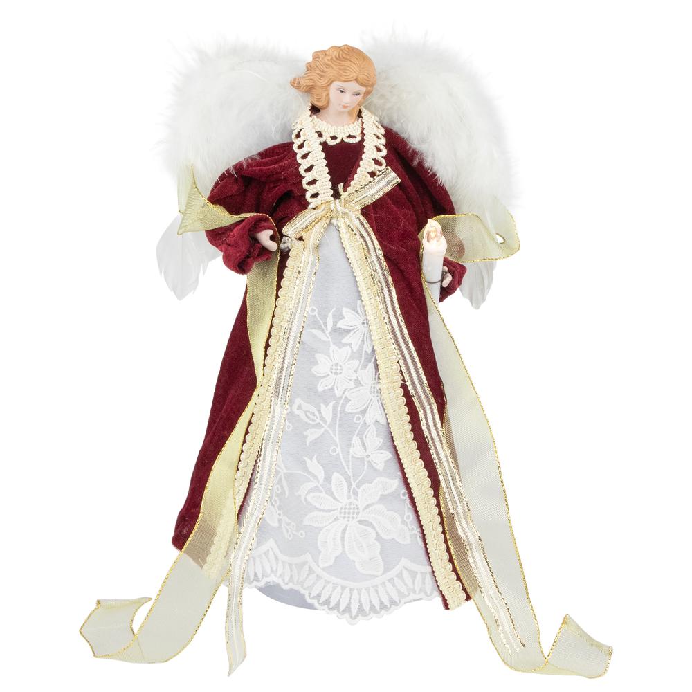 14" Burgundy and White Angel with Lighted Candle Christmas Tree Topper. Picture 1