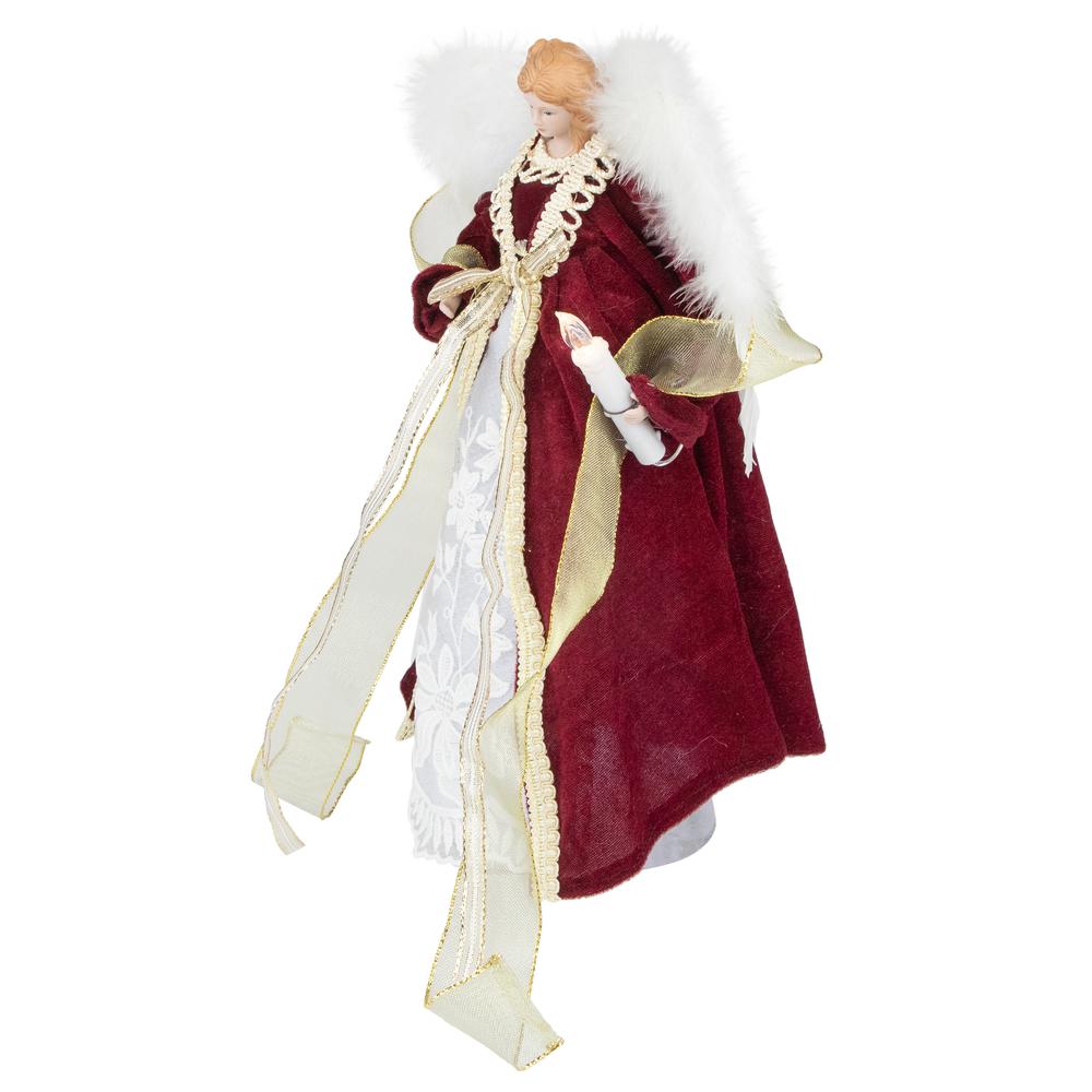 14" Burgundy and White Angel with Lighted Candle Christmas Tree Topper. Picture 3